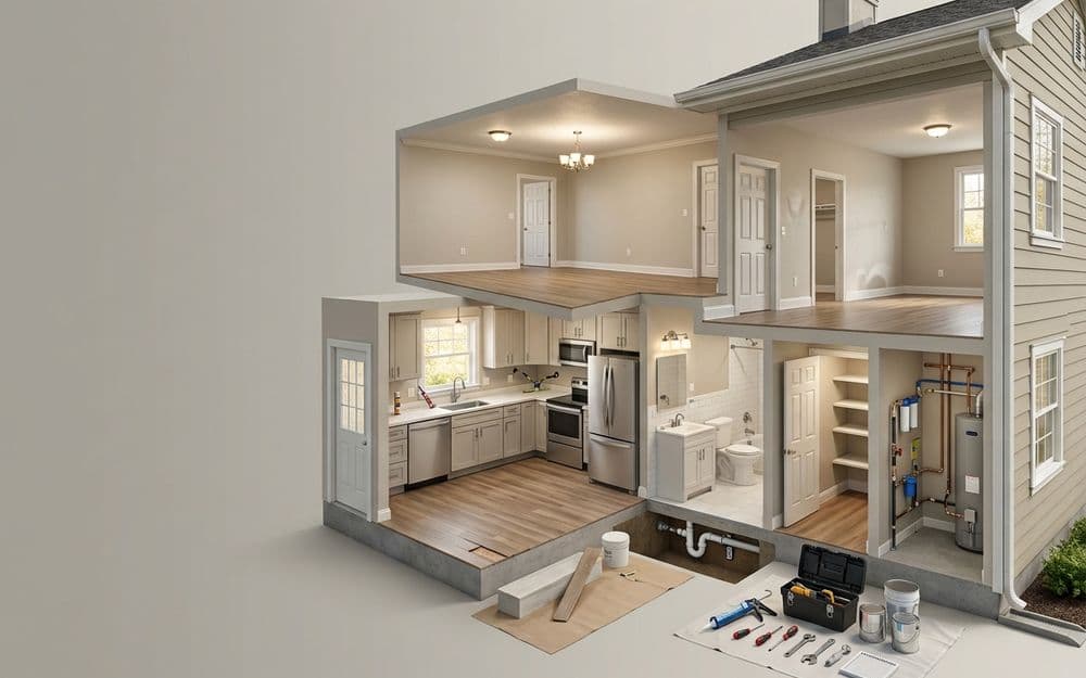 Isometric cutaway of a two storey home showing the kitchen, bathroom, closet and water heater, with tools laid out ready for a maintenance visit
