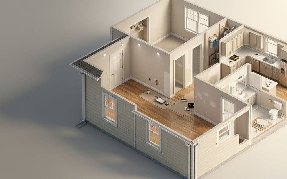 Isometric cutaway of a house part way through repairs, with a patched hole in the drywall and materials laid out on the floor