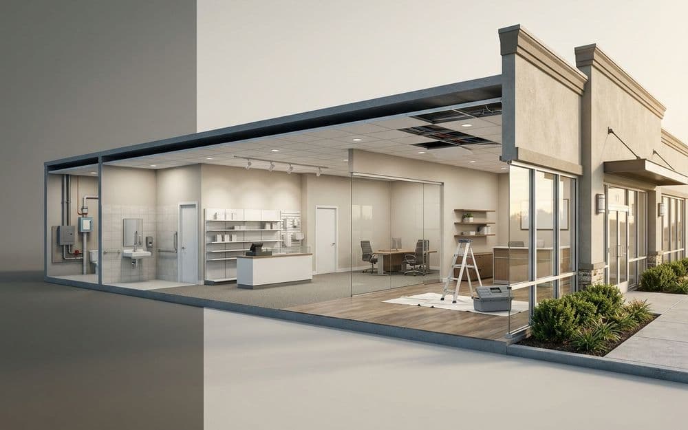 Cutaway of a retail and office unit showing an accessible restroom, shop floor, service counter and a glass partitioned office with a ladder and toolbox on the floor