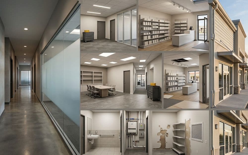 Panels showing a corridor, a conference room, retail floor space, a restroom and a utility area with a water heater, alongside a wall waiting for repair