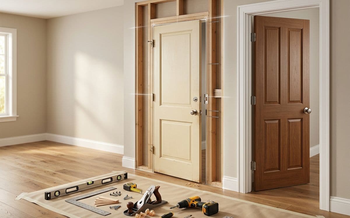 A door hung in bare framing beside the same doorway finished, trimmed and latched
