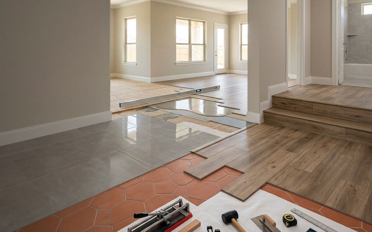 Hexagonal tile being set on a prepared subfloor, running into finished timber flooring