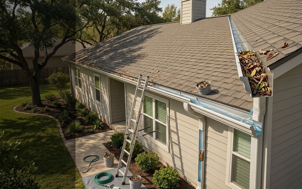 A ladder against a house with a gutter full of leaves being cleared and the downspout checked