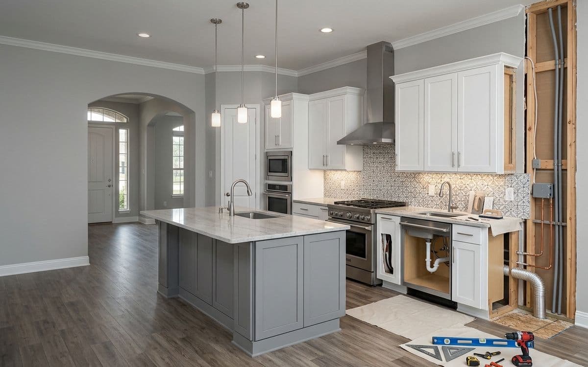 A finished kitchen with an island and hood, with the wall framing and services shown cut away