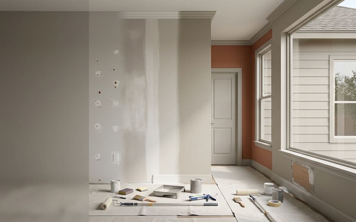 A room half in primer and half in finished paint, with brushes and a roller on the dust sheet
