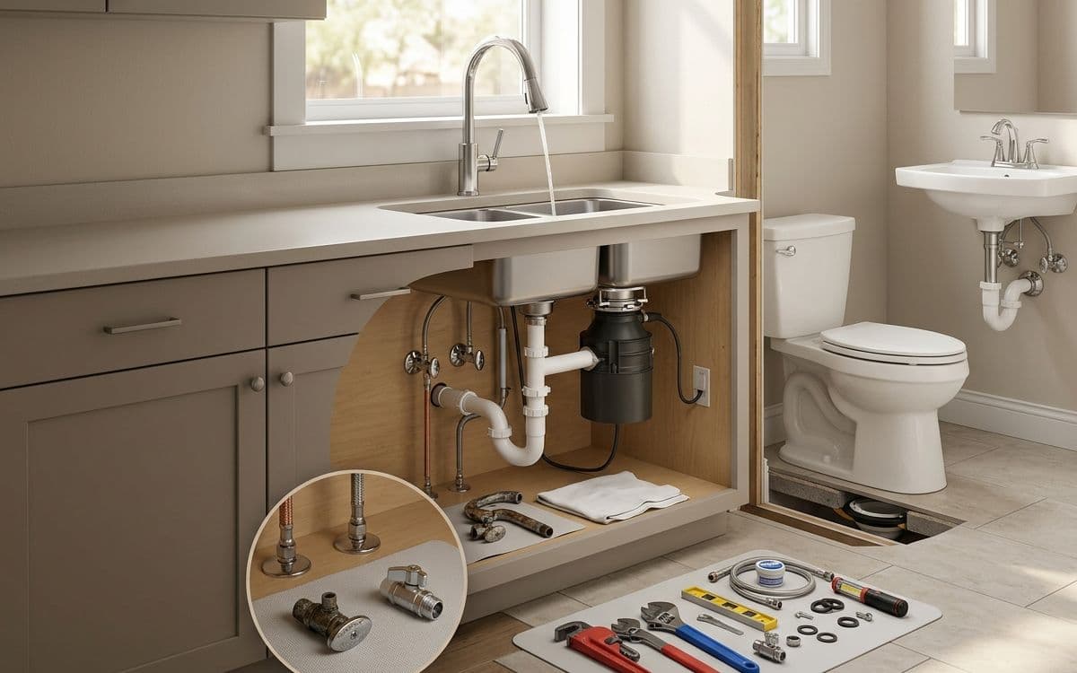 Cutaway under a kitchen sink showing the trap and shut off valves, the kind of work where the line between handyman and licensed plumber matters