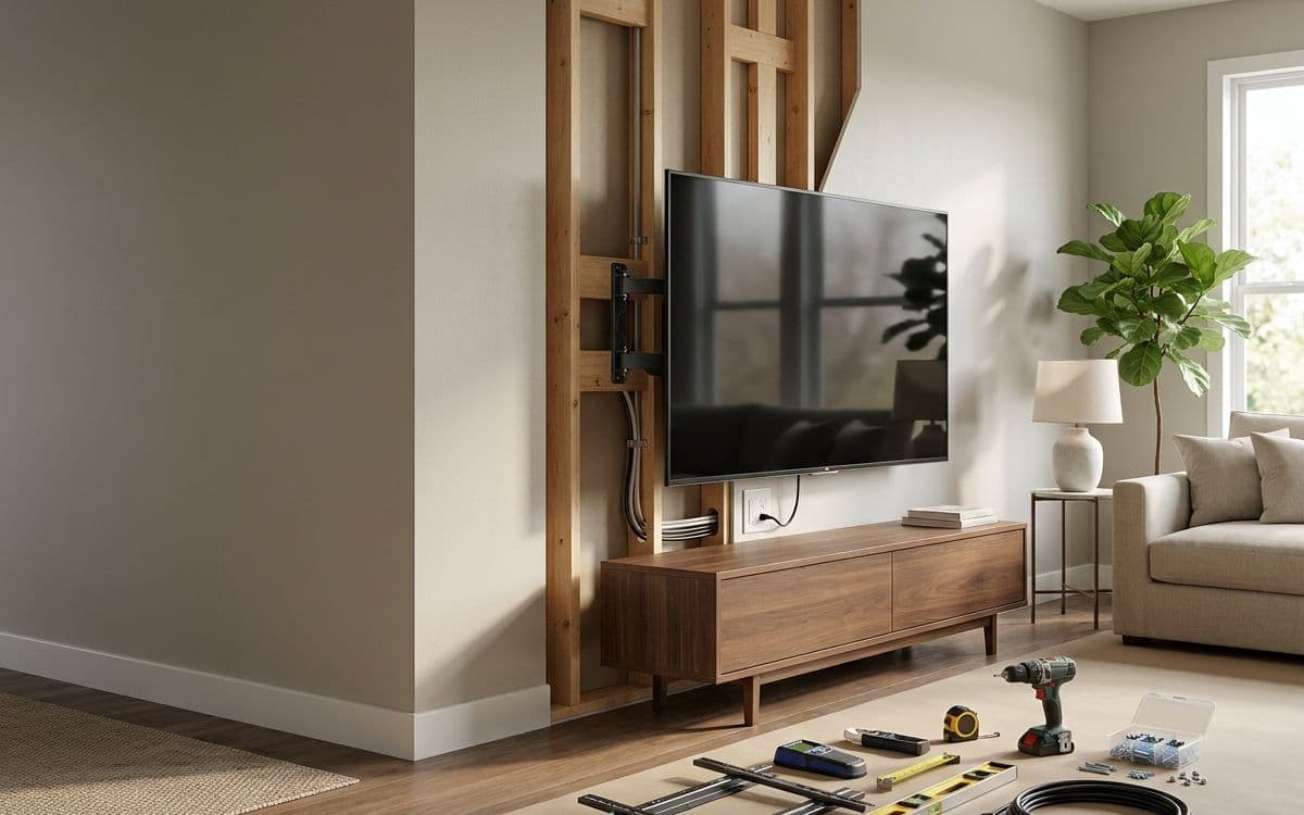 Cutaway of a wall mounted television showing the bracket fixed into studs and the cable run inside the wall
